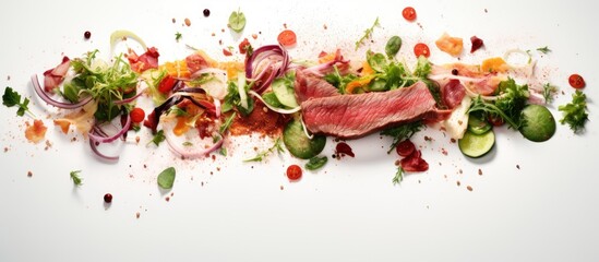 Fototapete - Sliced beefsteak with falling salad ingredients on a white backdrop, showcasing a food packaging concept in a copy space image.