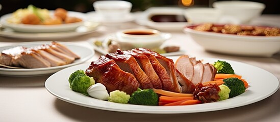 Poster - A traditional Cantonese yum-cha meal displayed on a white serving plate with a variety of dishes like duck, pork, fish, chicken, and vegetables, with copy space image.