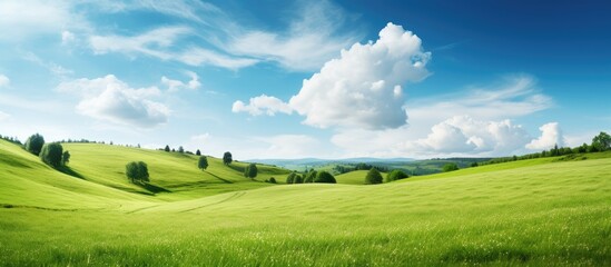 Poster - Scenic summer meadow in hilly area on sunny day, filled with lush green grass, in a picturesque copy space image.