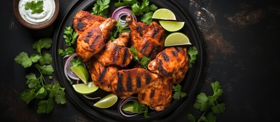 Aufkleber - Tandoori chicken in Indian style on a plate against a dark stone backdrop with a yogurt and spice marinade. Top view shot with a flat lay arrangement and copy space image.