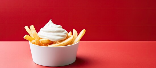 Aufkleber - Sour cream and ketchup served with French fries or potato chips in copy space image.