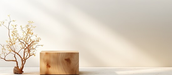 Wooden cube podium with branches on light background, ideal for front view showcase with copy space image.