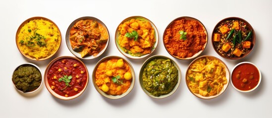 Poster - Delicious curry dishes arranged on a white backdrop with a copy space image available.