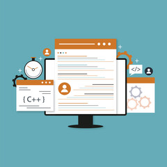 Web development, website loading speed test, web code and programming, website plugin and software concept. Flat design web banner, internet and technology concept.