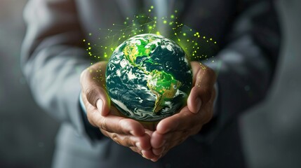 Businessman holding a green earth with a carbon Cole2 CO2 icon and technology elements on a blurred background, with a wide banner for text on the right side, representing energy software, global