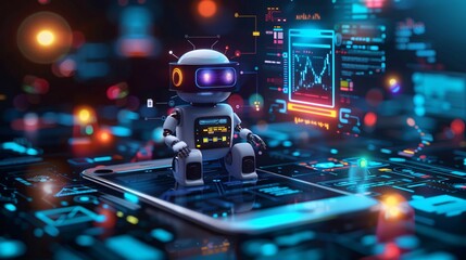 A businessman is using an AI robot for online virtual reality technology and artificial intelligence to use a mobile application on a smartphone with icons of digital marketing, data analytics