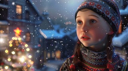 Wall Mural - A close up of a young girl looking at the snow falling, AI