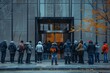 © neirfy - group of employees gathered outside a locked office building, facing job loss due to company bankruptcy.
