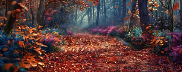 Wall Mural - Autumnal forest path with fallen leaves creating a colorful carpet, 4K hyperrealistic photo