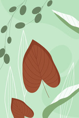 Abstract contemporary green pattern with brown and white leaves vector illustration