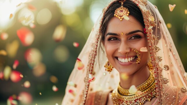A woman wearing a gold necklace and a gold nose ring is smiling