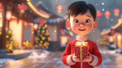 Poster - A cartoon boy holding a gift box with lights on it, AI