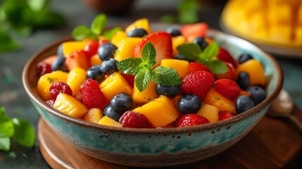 Wall Mural - A bowl of fruit salad with blueberries, strawberries, and raspberries