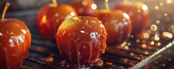 Wall Mural - Making caramel apples for National Caramel Apple Day, October 31st, sticky fingers and sweet treats, 4K hyperrealistic photo.