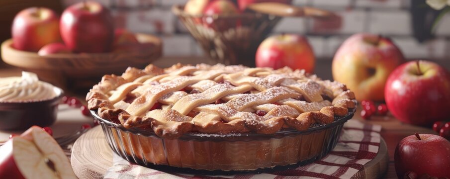 Apple pie baking competition with pie enthusiasts, culinary skills and sweet indulgence, 4K hyperrealistic photo.