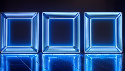 Wall Mural - Three blue neon glowing blank picture frames on dark navy background for showcase exhibition or display of goods, event signs, mock up of menu, night club, film posters.