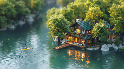 Wall Mural - Lakeside cafe, terrace, trees, man with paddle on supboard, people on terrace, light white style, summer