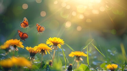 Beautiful spring meadow with green grass and yellow dandelion flowers, butterflies on the background of sun rays, banner format, copy space concept, banner for website design, web development and