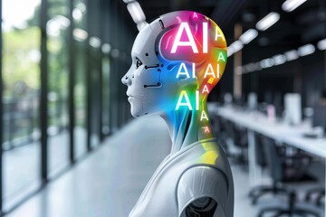 Sticker - AI robot with colorful neural network, representing advanced technology and artificial intelligence in a digital, futuristic environment