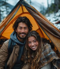 A romantic illustration of a smiling Asian couple that has a strong relationship is having a recreational vacation and camping together among a lot of magnificent views.