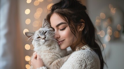 Cozy moment with a woman cuddling her cat, enjoying the soft light and warm ambiance, perfect depiction of love and companionship. Influencer and Petfluencer.