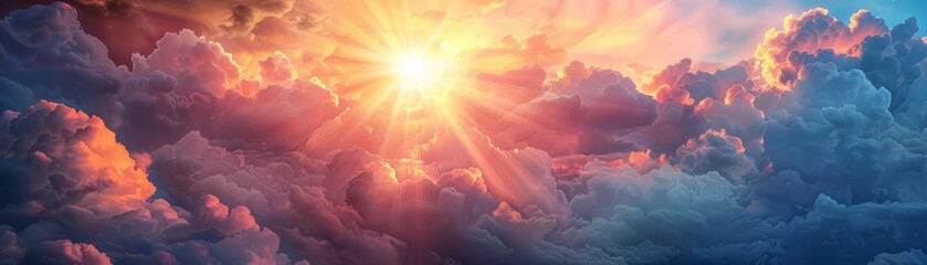 Bright divine light shining through the clouds, celestial and inspiring scene, evoking a sense of spirituality and tranquility