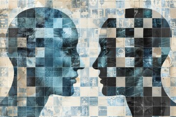 Abstract conceptual art of two human profiles with digital overlays