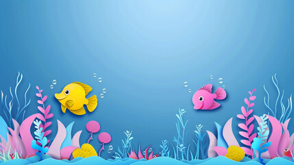 Paper cut blue underwater world with yellow pink fishes and seaweeds. Banner with copy space. Environment concept. World Ocean day.