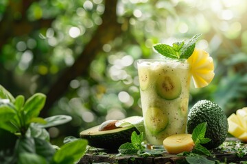 Wall Mural - Avocado smoothie with pineapple and mint on a wooden table