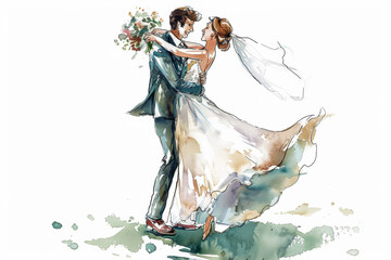 Wall Mural - Joyful Groom Lifting Bride   Cute Ink Watercolor Illustration on White Background