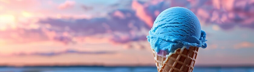 Closeup of a blue ice cream scoop in a waffle cone against a soft sky background, perfect for summer and dessert themes