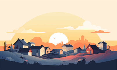 Sticker - sunset village vector flat minimalistic isolated illustration