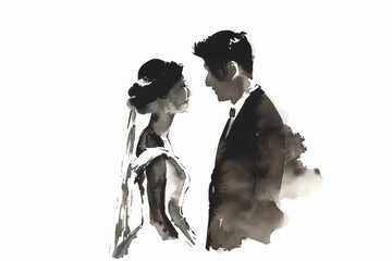 Wall Mural - Intimate Vow Exchange Between Bride and Groom, Expressive Ink Watercolor Illustration