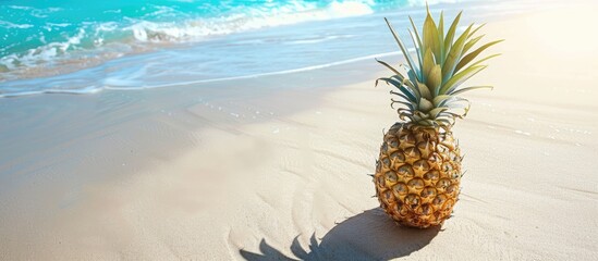 Wall Mural - Pineapple on a sunny white sandy beach with space for text.