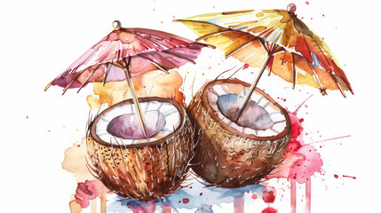 Canvas Print - Tropical Coconut Drink with Umbrella   Cute Ink Watercolor Illustration on White Background