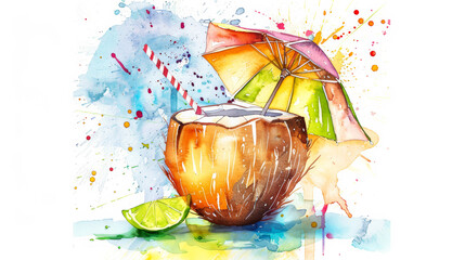 Canvas Print - Refreshing Coconut Drink with Tropical Umbrella Cute Watercolor Illustration on White Background