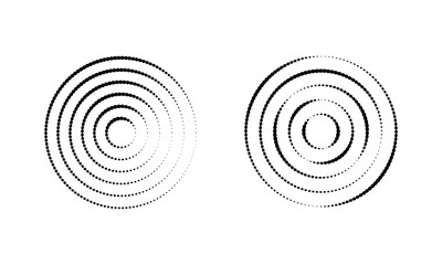 Canvas Print - Circular ripple icons. Concentric circles with dotted lines isolated on white background. Vortex, tornado, sonar wave, shockwave, radio or radar signal signs. Vector graphic illustration