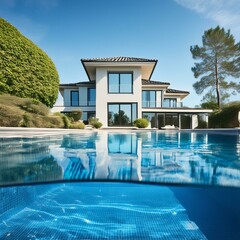 Wall Mural - Uses a shot from the edge of the pool, looking back at the expansive house, the pool s cool blues mirroring the clear sky, emphasizing the property s expansive and open design