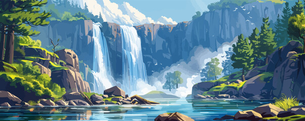 Wall Mural - Majestic waterfall cascading down rocky cliffs Vector flat minimalistic isolated