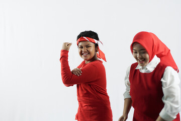 Group of young people celebrating Indonesia's independence day on August 17, concept of independence day, isolated white background.
