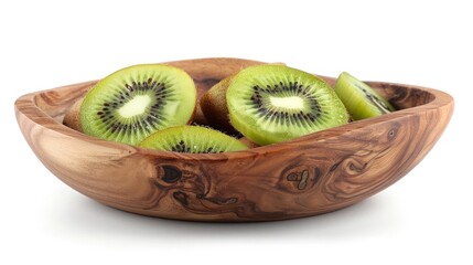 Wall Mural - A wooden bowl of slices kiwi fruit sits on a table