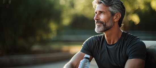 Wall Mural - Middle-aged man holding a water bottle, with fit physique resting after workout or running, in a copy space image.