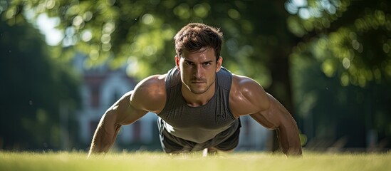 Wall Mural - Fit male athlete doing push-ups outdoors in a sunny park, embodying a healthy lifestyle concept. Background is blurred, offering a copy space image.