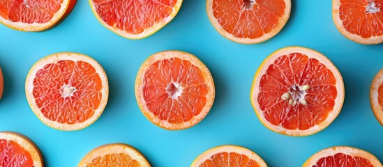 Wall Mural - Fresh grapefruit slices arranged in a colorful pattern on a vibrant blue backdrop as seen from above.