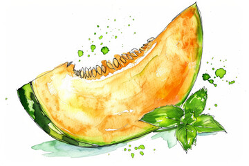 Poster - Watercolor Illustration of Honeydew Melon Slice with Fresh Mint on White Background