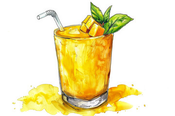 Sticker - Delicious Mango Lassi with Cardamom and Mint Garnish   Adorable Ink Watercolor Illustration on White Background