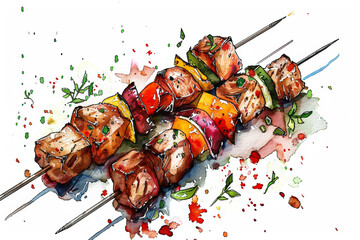 Wall Mural - Juicy Barbecue Chicken Skewer with Grilled Veggies Adorable Ink Watercolor Art on White Background