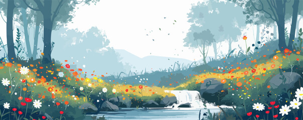 Wall Mural - A tranquil woodland glen with a babbling brook and wildflowers. Vector flat minimalistic isolated illustration.