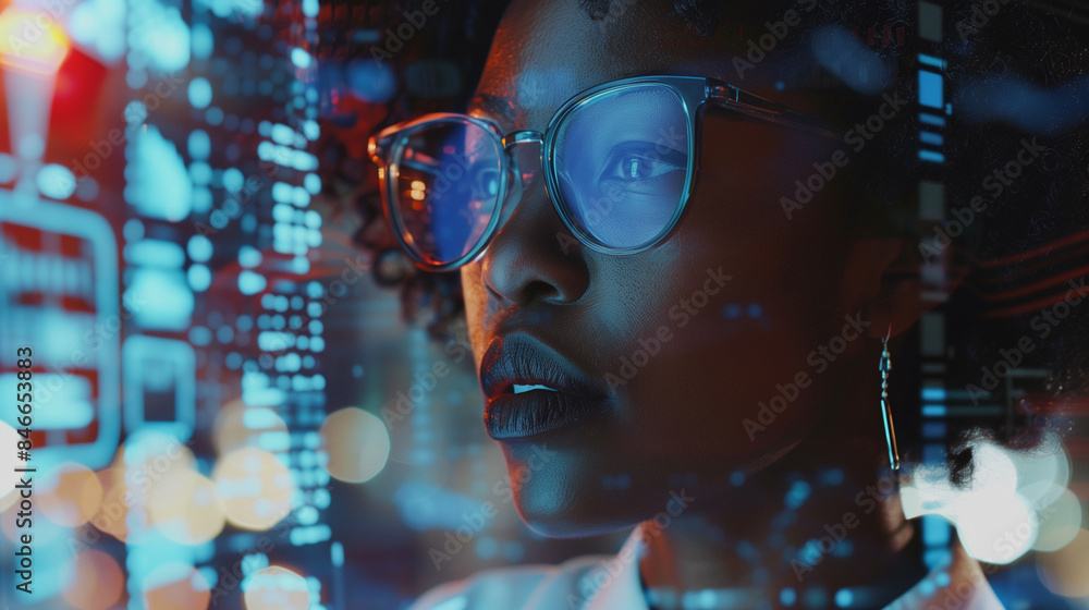 AI cyber security threat illustration, black african american female IT ...