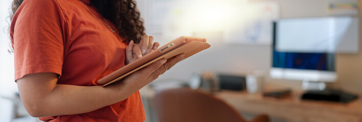 Canvas Print - Business, hands and woman with tablet, typing and internet with connection, research for article and update website. Closeup, journalist and employee with technology, digital app and search for news